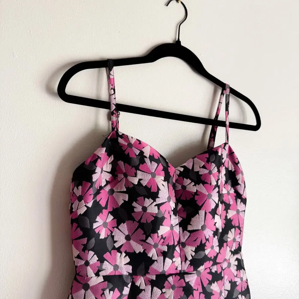 Kate Spade Black + Pink Wallflower Flower Jacquard Metallic Midi Dress - Size 2